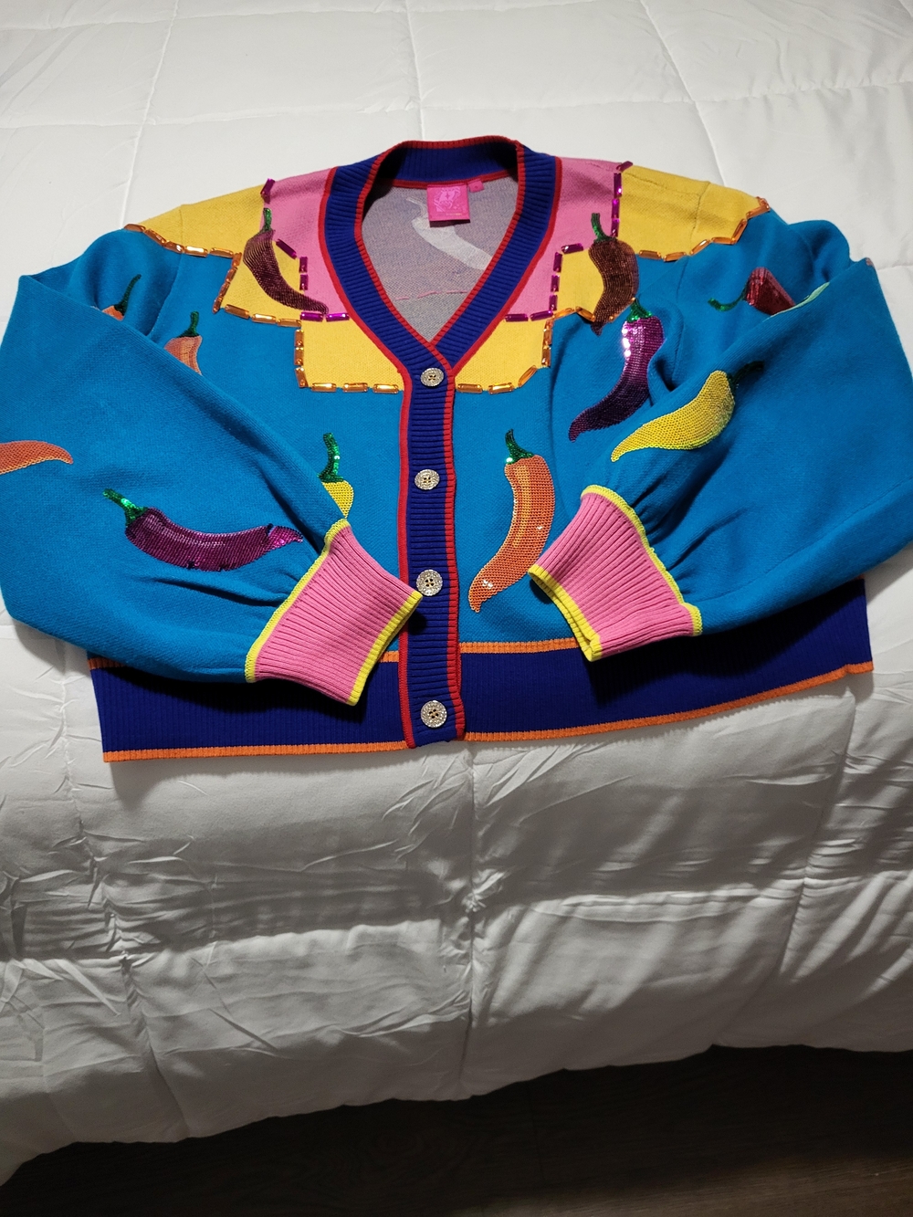 Queen Of Sparkles Colorful Chili Pepper Patch Cardigan - Bright Blue & Pink